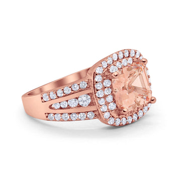 Halo Art Deco Wedding Ring Rose Tone, Simulated Morganite CZ 925 Sterling Silver